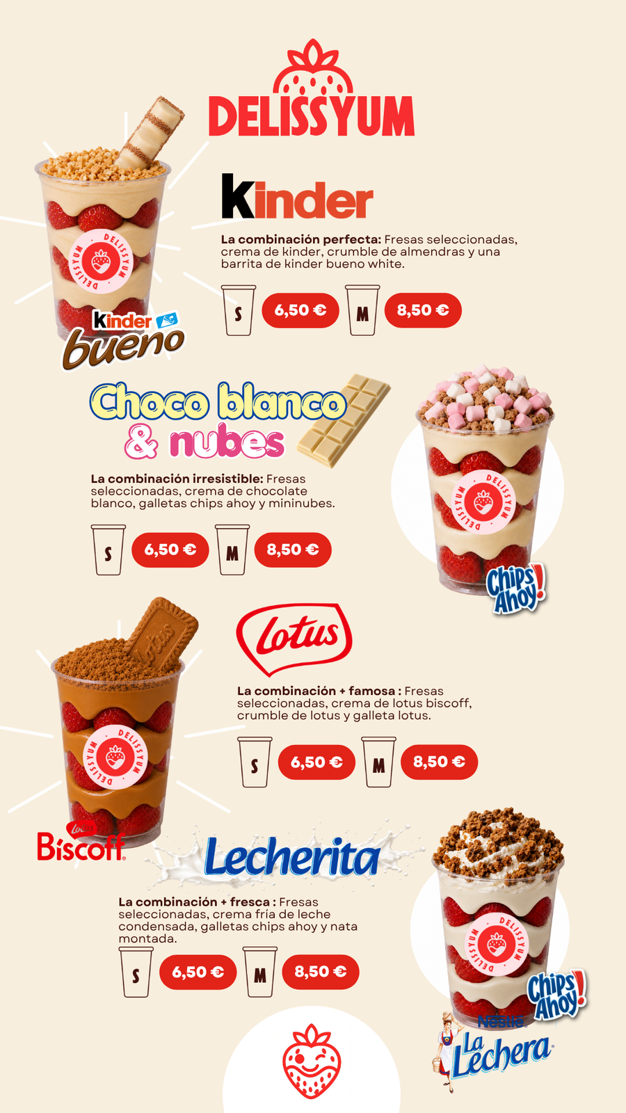 Kinder, Choco blanco y nubes, Lotus Biscoff, Lecherita - menu Delissyum