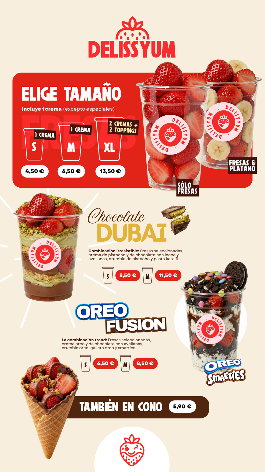 Elige tamano, Chocolate Dubai y Oreo Fusion - menu Delissyum